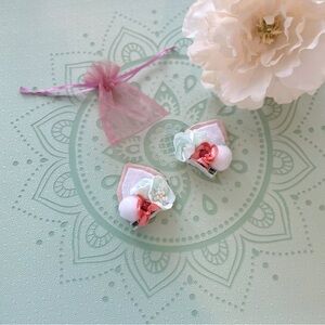 Floral Mint + Rose Satin “Deer Ear” Hair Clips W/ Mini Pearls + Sparkle Berries